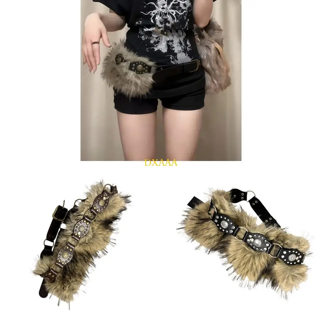 

DXAA Western Waist Sash Studded Faux Furry Belt Adjust Gothic Waist Cinching Band