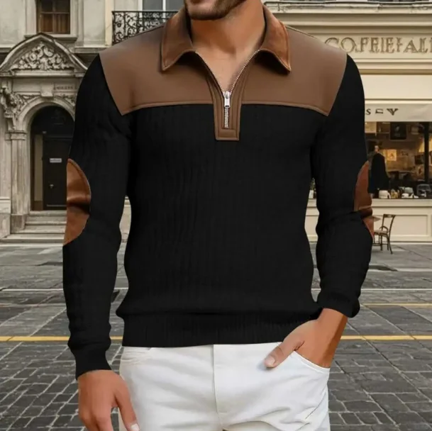 

New Corduroy Patchwork Men Pullover Casual Men's Long Sleeve Half Zip lape POLO Shirt 2026 Fashion Men's Streetwear