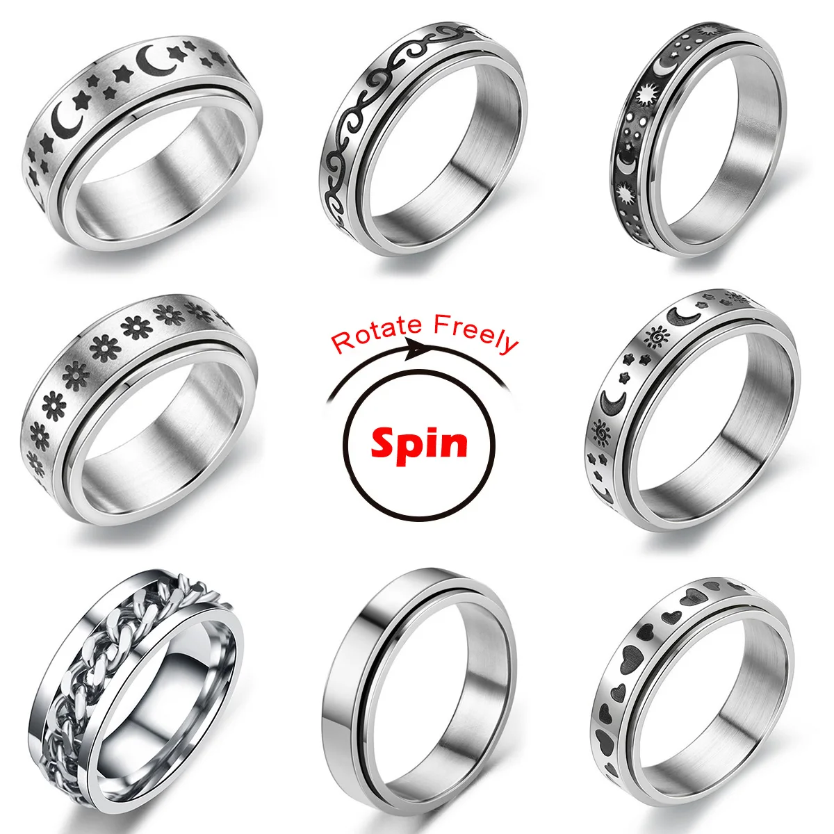 Stainless Steel Anxiety Ring For Women Moon Star Chain Spinner Fidgets Ring Rotate Freely Spinning Anti Stress Men Rotating