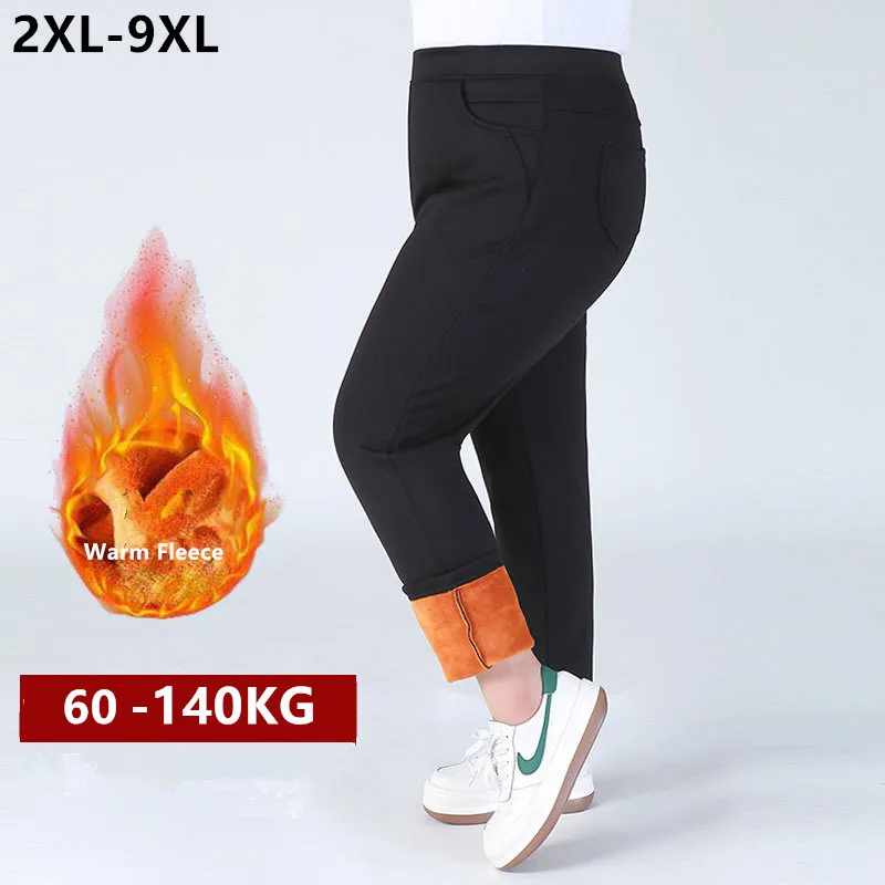 High Waist Winter Fleece Plus Size 140KG Women Pants 9XL 8XL 7XL 6XL 5XL High Stretched Warm Oversized Slim Fit Elegant Trousers