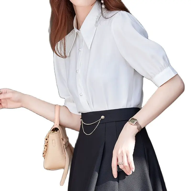 Lenshin Soft Fabric Shirts for Women Turn-down Collar Blouse Work Wear Office Lady FemaleTops Chemise Loose Style