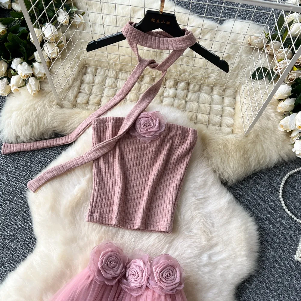 Foamlina Summer Sexy Streamer Chest Vest Top Set for Women Two-piece Three-dimensional Flower Waist Mesh Gauze Shampan Skirt