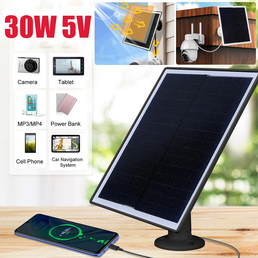 30W 5V Solar Panel Outdoor Solar Cells Charger USB/Type-C Solar Panels Waterproof Solar Cells Charger for Camera/Home Light Use