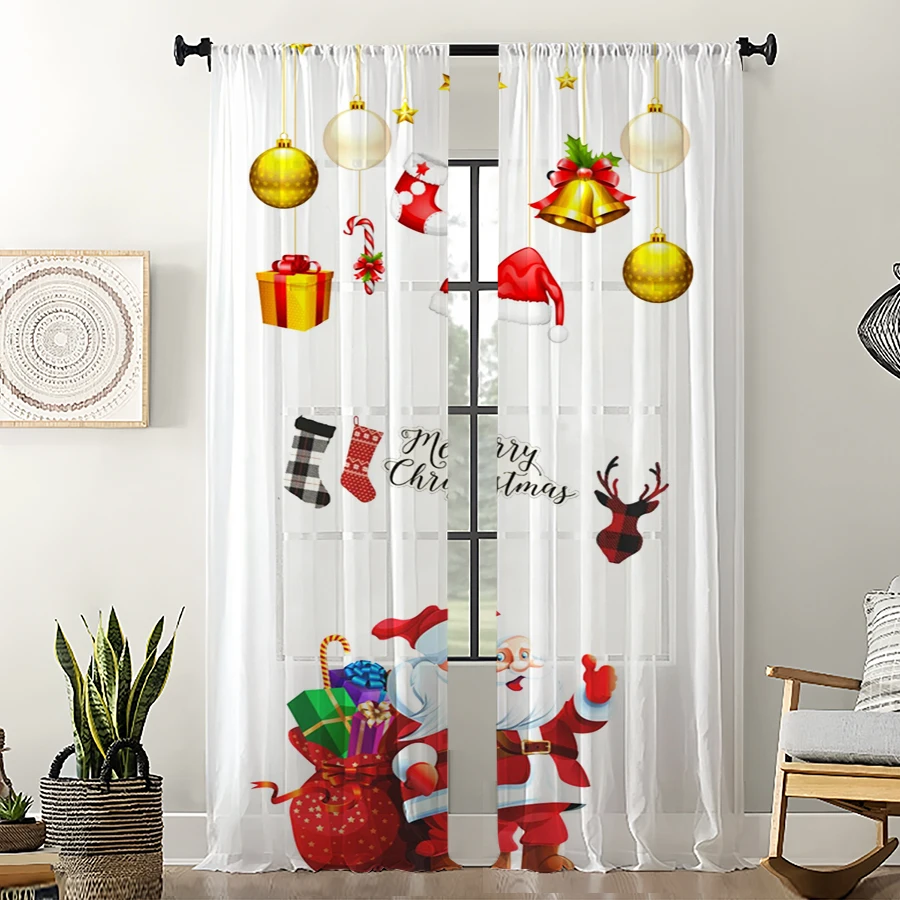 2PCS Christmas Sheer Curtains, Ornament Gift Box Believe, Digital Print, Bedroom Living Room, Rod Pocket Polyester, Home Decor