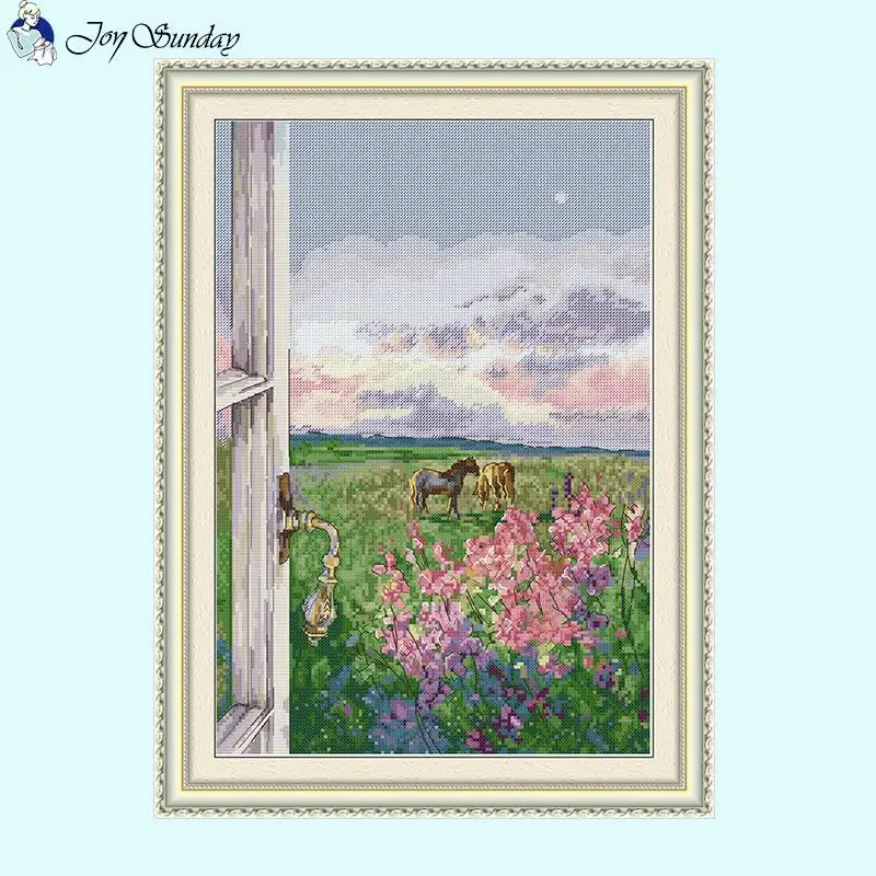 Flowers and Horses in the Window Joy Sunday Landscape Cross Stitch Kits Aida 14CT 16CT 11CT Canvas Printed Fabric Embroidery Set