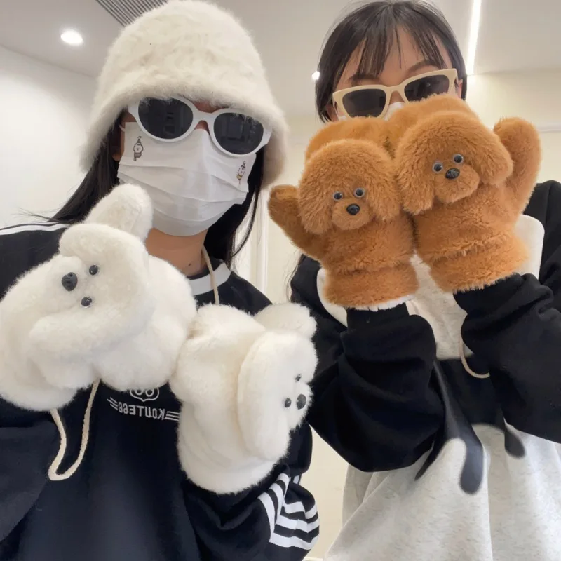 Ladies New Gloves Korean Teddy Dog Plush Gloves Winter Fluffy Warm Cute Dog Thick Gloves Guantes De Nieve Furry Paws Handschoen