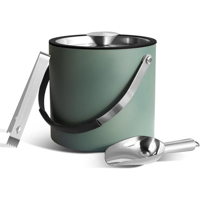 

3L Ice Bucket with Silicone Lid, Scoop, Tongs & Strainer, Stainless Steel Double Wall Insulated Ice Buckets for Parties & Cockt