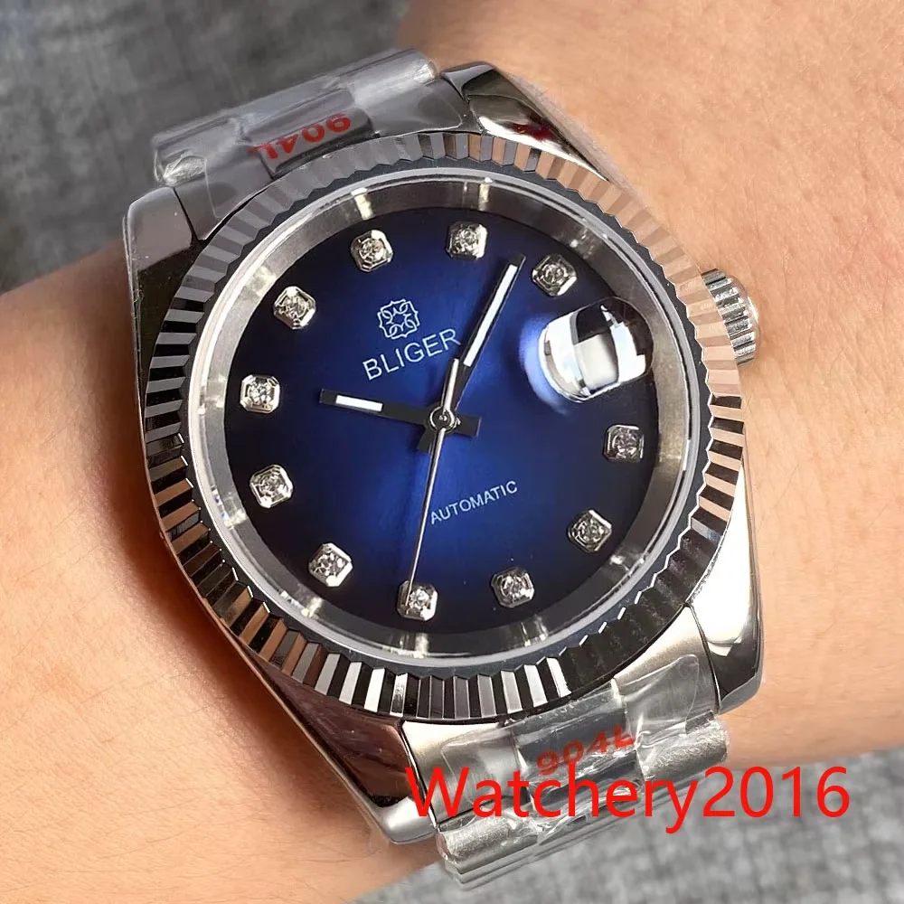 

BLIGER 36 мм светящиеся стрелки черный циферблат сапфировое стекло монеты безель 24 камня NH35 автоматические мужские часы браслет