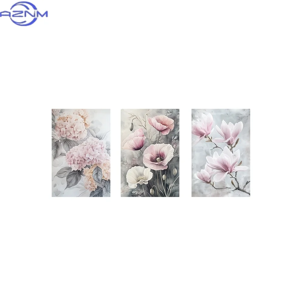 3pcs Floral Canvas Art Set, Frameless Pink and Gray Flower Posters, Landscape Theme, Art Deco Classic Modern Style, for Living R
