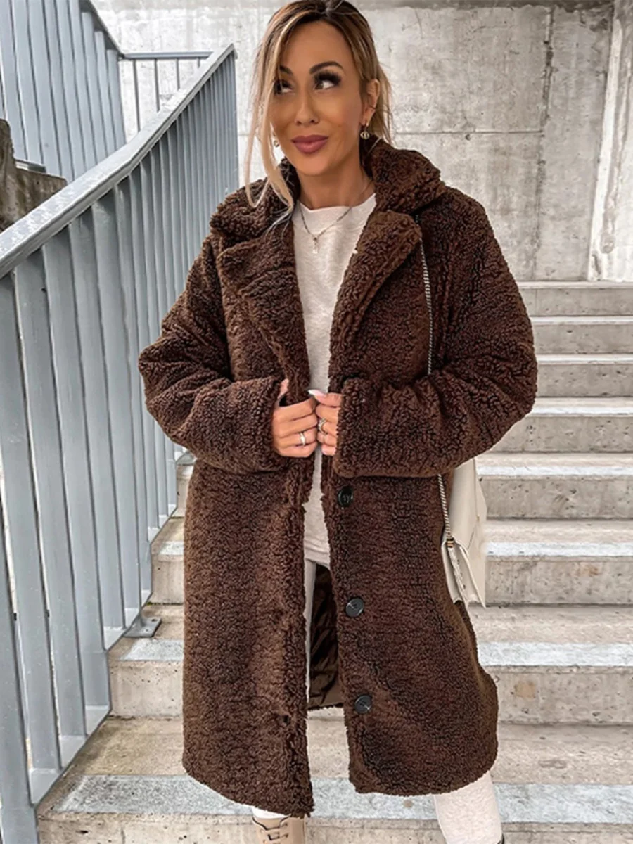 Cappotto lungo peloso Sve con risvolti Capispalla di media lunghezza Street Sle Chiusura con bottoni Vestibilità ampia oversize decorata