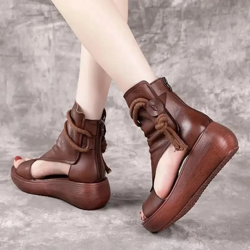 2024 Summer Comfortable Women Leather Sandals Cool Boots Platform Fashion Outdoor Shoes Wedges Height Increase Opened Toe Shoes