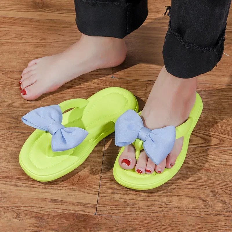 2024 Summer Bow Flip Flops Women Ladies Cute Soft Sole Eva Beach Slippers Fashion Sandals House Bathroom Non-Slip Shoes Slides