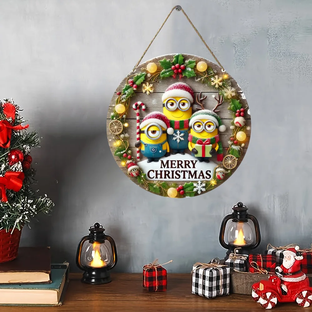 1PC Christmas Minions Themed Wooden Sign Decoration  A Circular Plaque With Rope Suitable For Home And Outdoor Use New Year 2025