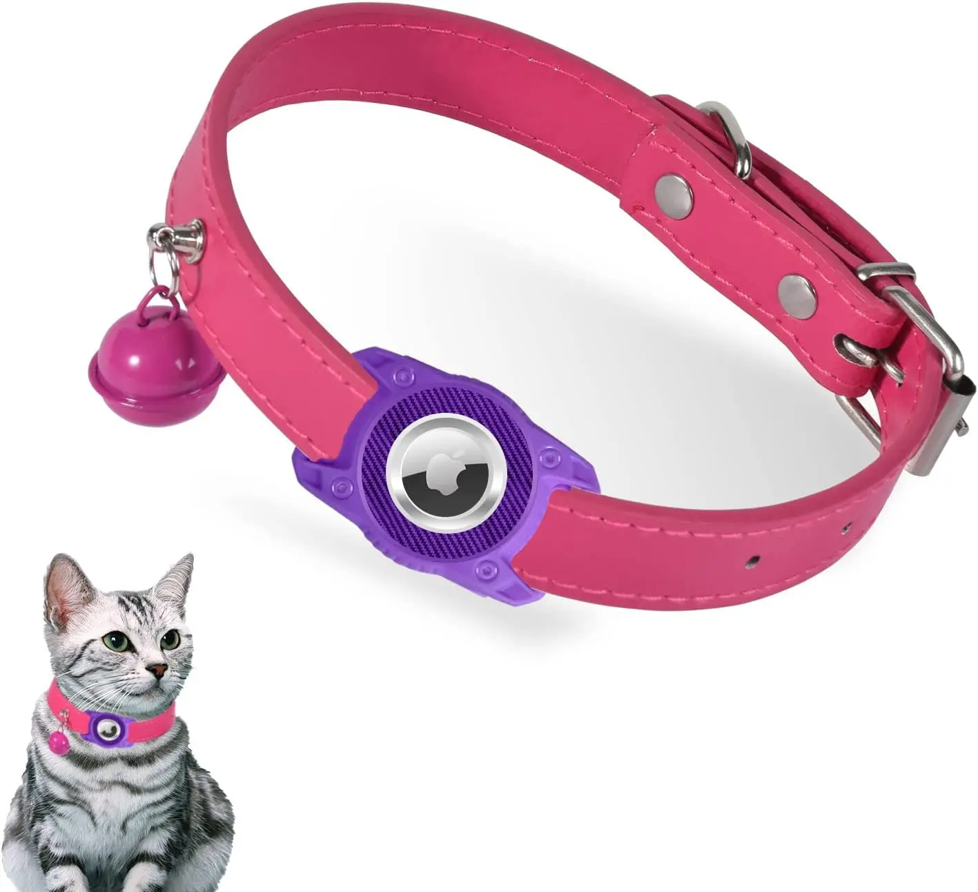 Adjustable Leather Pet Collar with Bell,Compatible with Apple AirTag Tracker,Holder Collar for Cat Dog,AirTag Not Included
