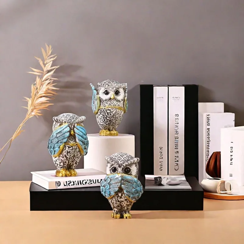 

New See Hear Speak No Evil Owl Figurine Creative Home Animal Statue for Bedroom Living Room Office Desk Light Luxury Decor Craft