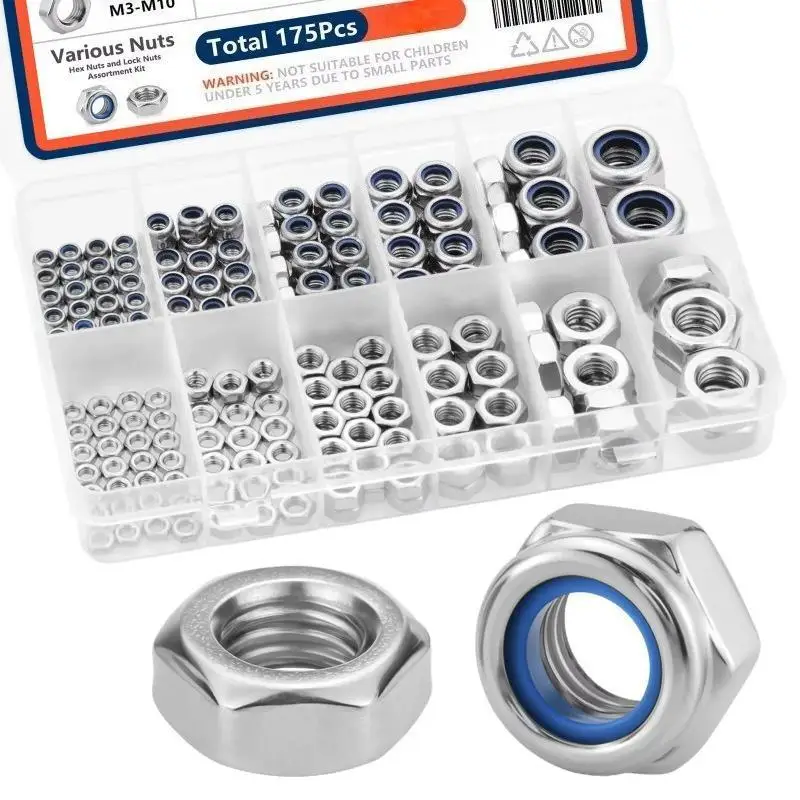 Rustproof Carbon Steel Hex Lock Nuts Kit 175Pcs M3 to M10 Assorted Set for DIY Home Workshop Repair