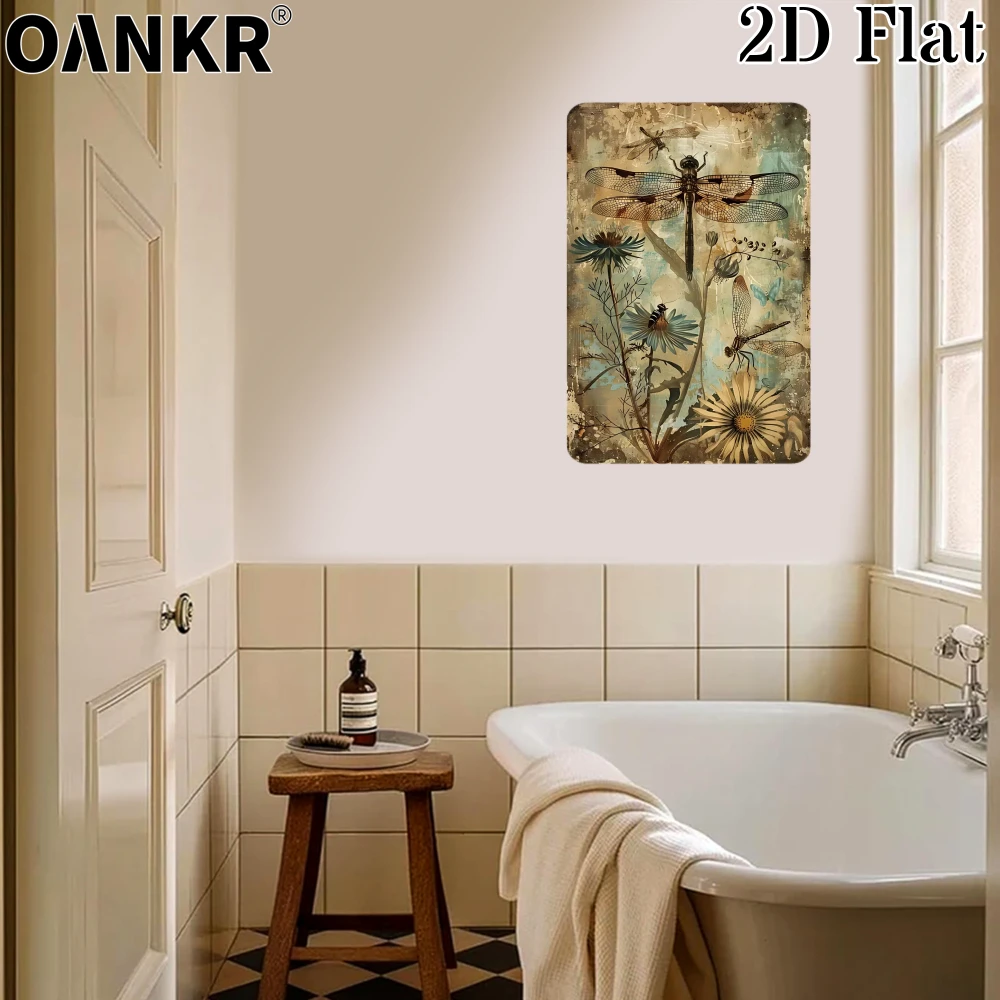 Vintage Dragonfly & Wildflowers Metal Tin Sign, Retro Botanical Art Wall Decor for Bathroom Bedroom Living Room 8x12 Inch
