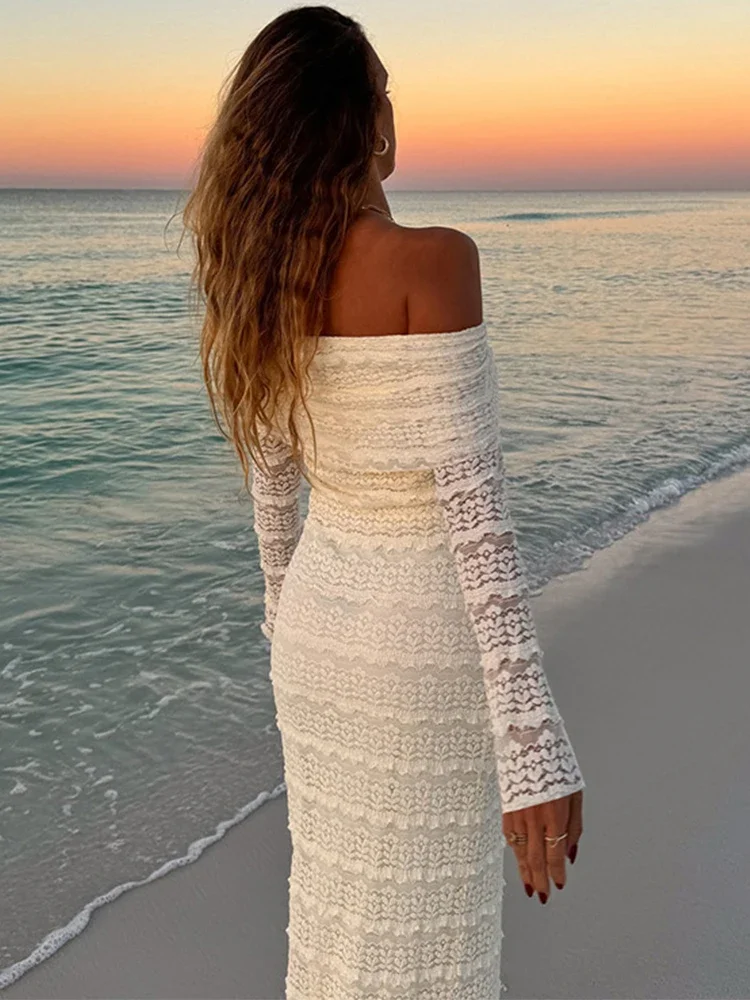 Elegancka sukienka maxi z odkrytymi ramionami, obcisła, modna, patchworkowa, z długim rękawem, dla kobiet, na wakacje na plaży, wyszczuplająca sukienka na imprezę.