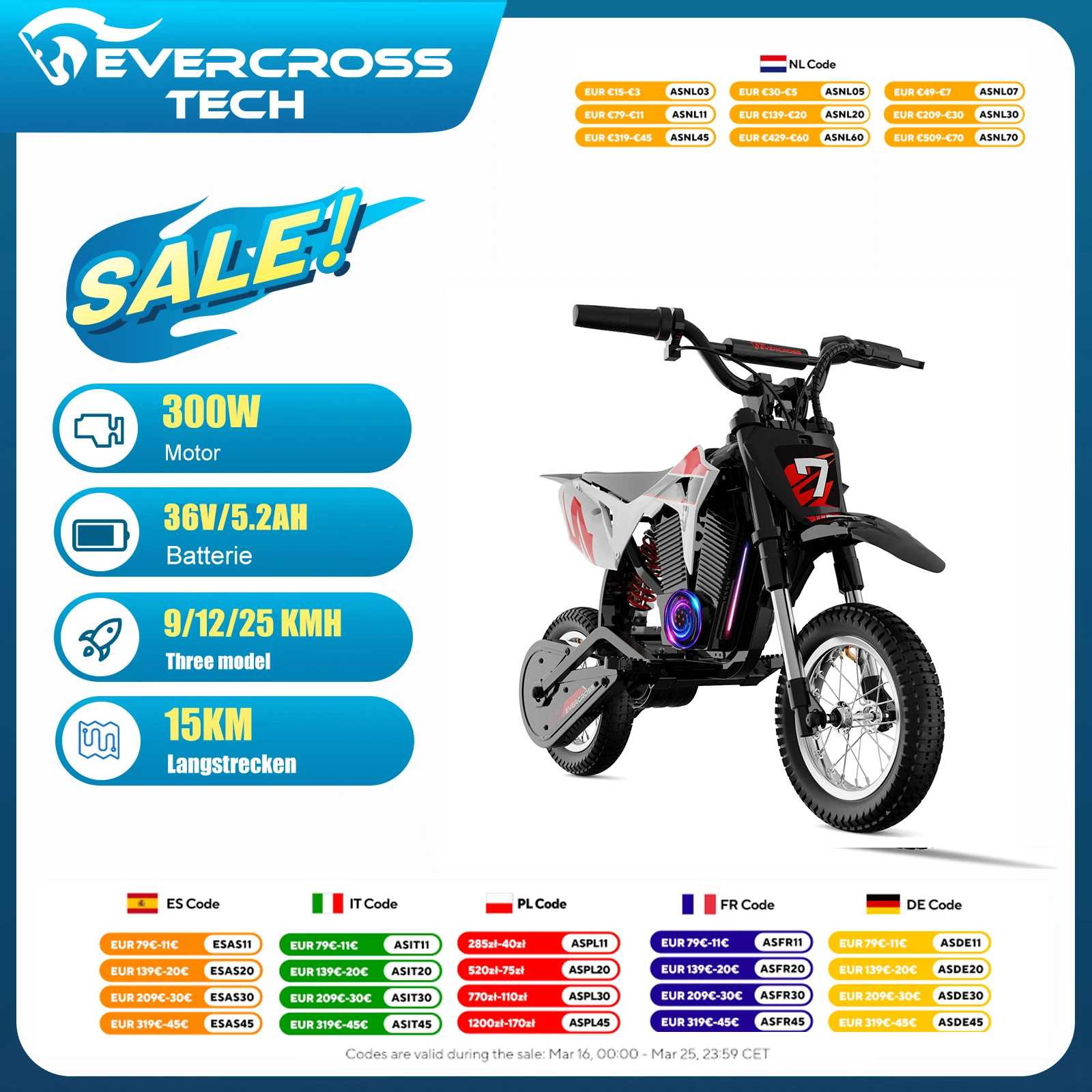 Moto Électrique pour Enfants EVERCROSS TECH EV12M Pro - 300W, 25 km/h, 15 km d'Autonomie, Bluetooth & LED, Pneus 12''