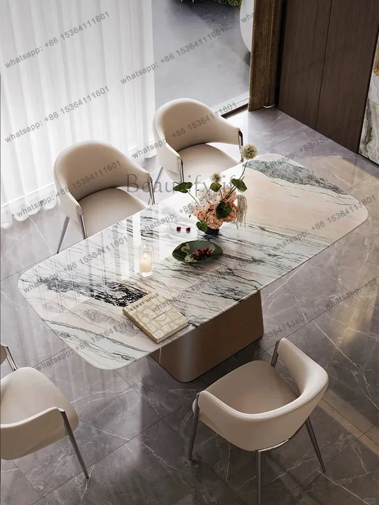 

Smoke powder natural luxury stone dining table, household high-end Italian minimalist natural marble long table