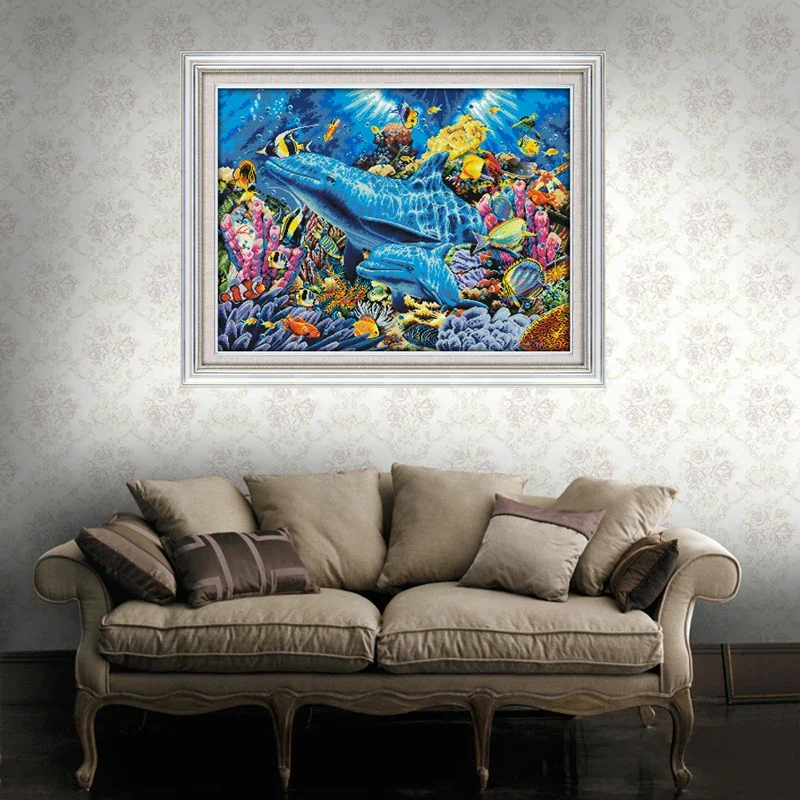 Joy Sunday Dolphin in the Sea D952 Large living Room Decoration Grid Embroidery Needlework DIY Hand Cross stitch 11CT 14CT