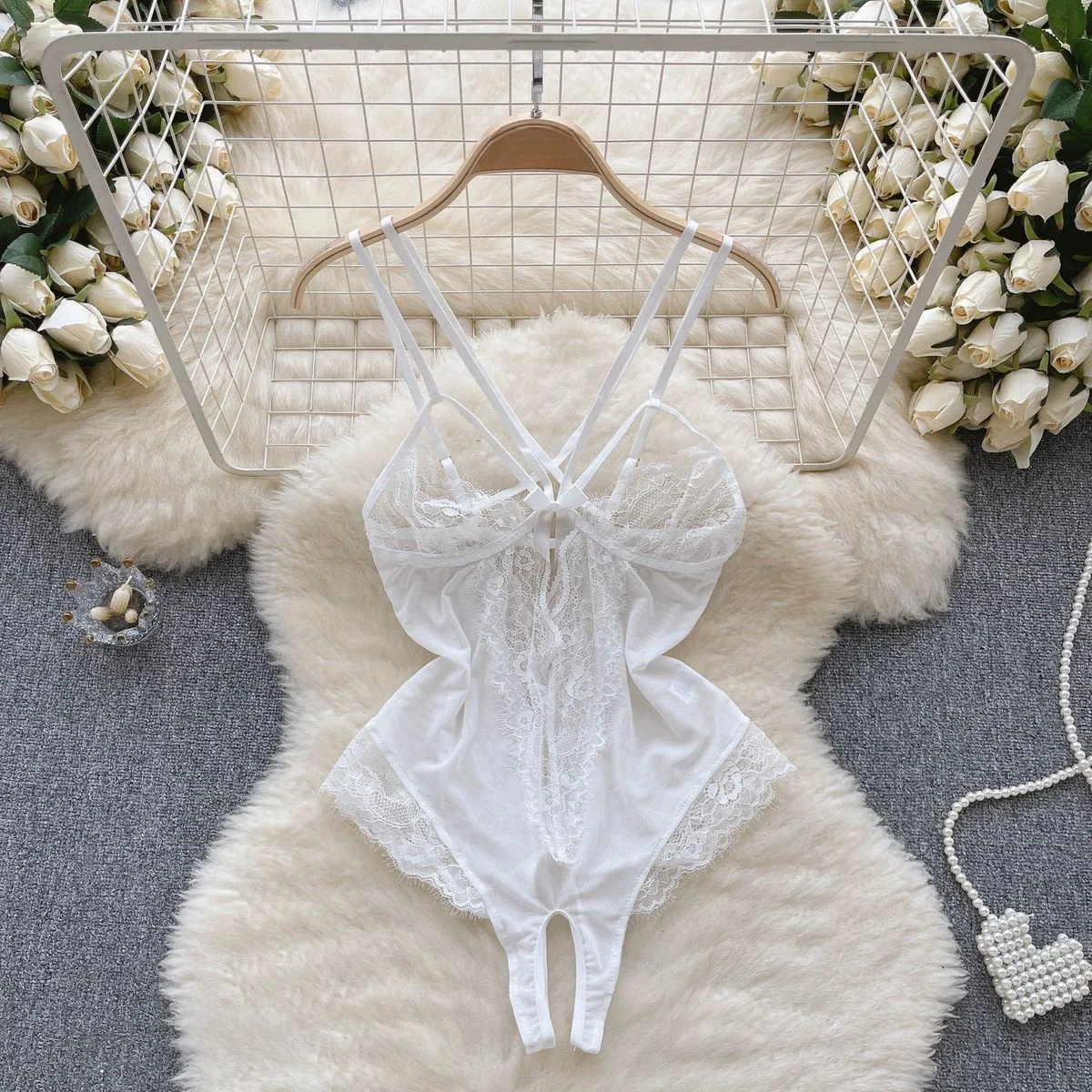 Sexy Transparent Lace Cross Strap Jumpsuit Flower Bow Bodysuit Slim Fit Sweet Erotic Pajama Lingerie Rompers Catsuit Bodycon