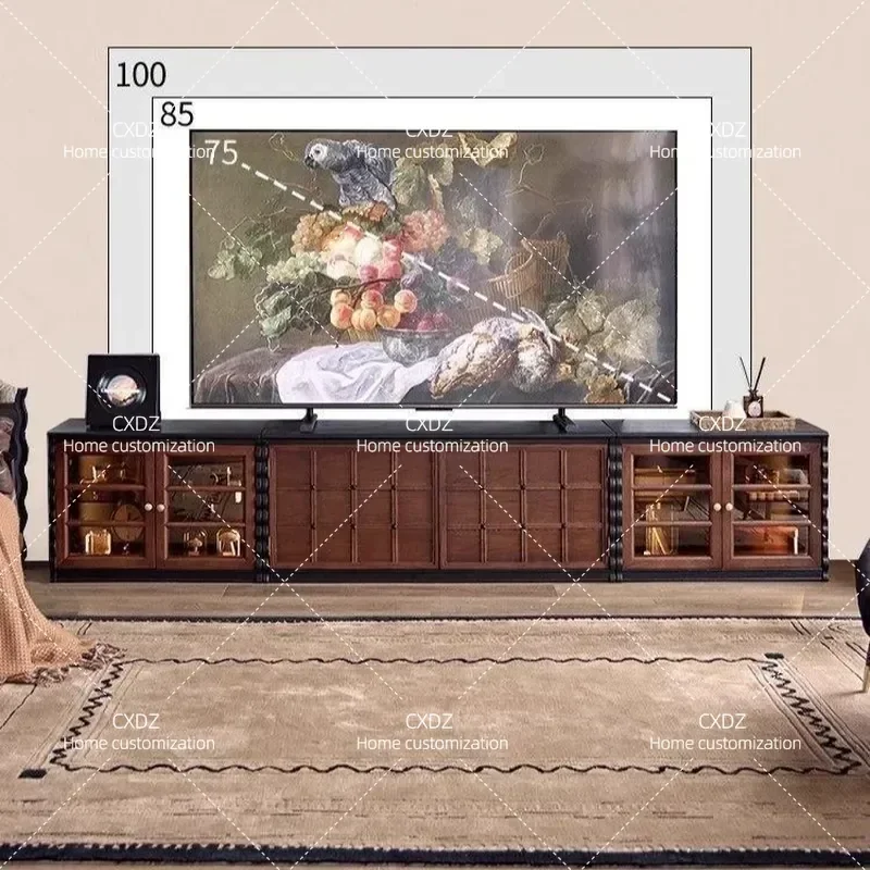 Retro TV Cabinet Living Room Wall Storage Antique Floor Cabinet Combined Checkerboard Design Media Console Furniture