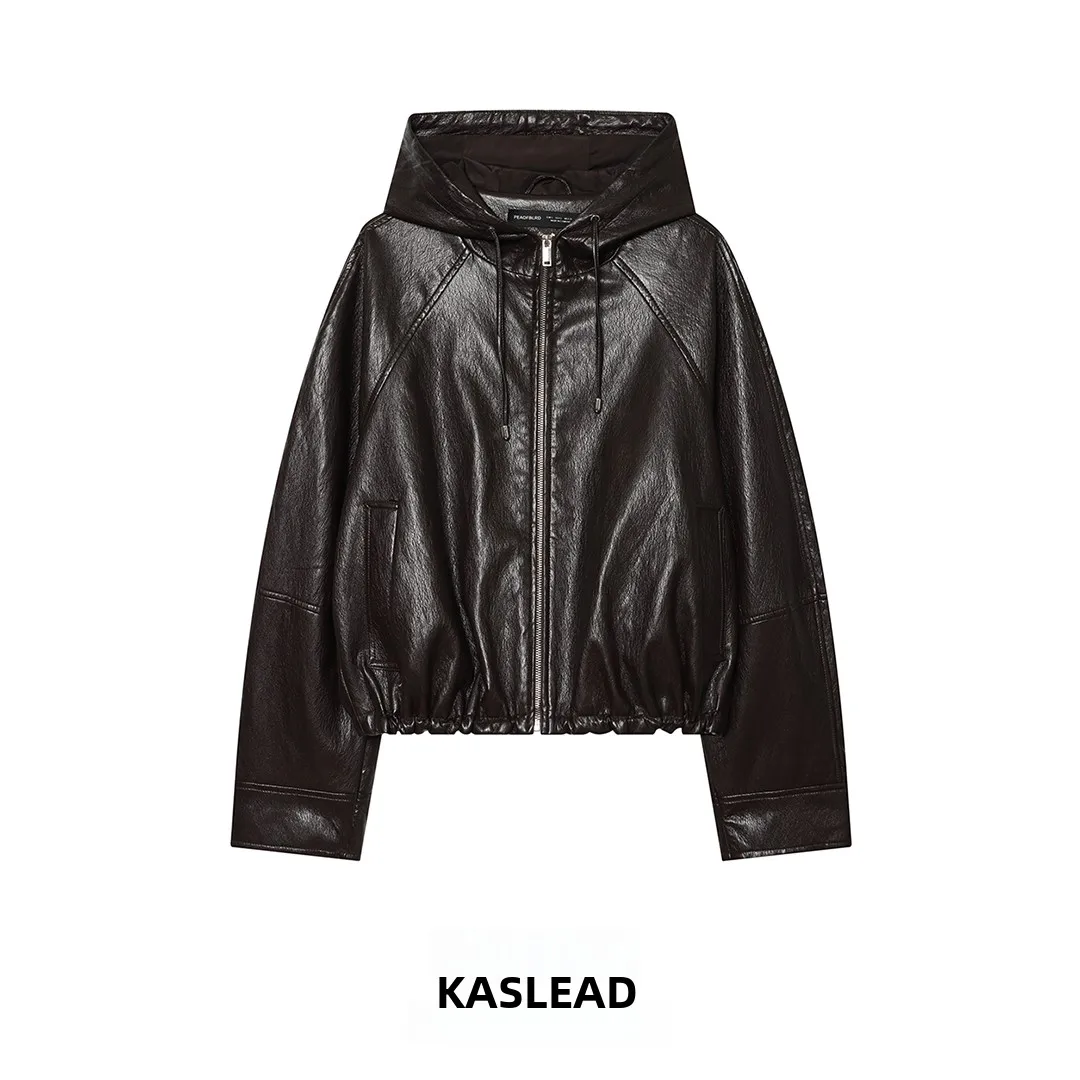 KASLEAD New Fashionable Leather Effect Hooded Jacket Women's Short Outerwear Polyester Fiber Long Sleeve Zipper Closure