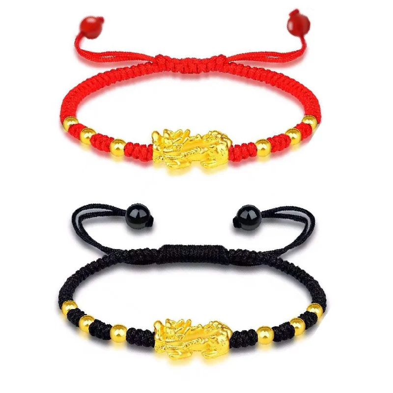 Good Luck Obsidian Stone Beads Fengshui Pixiu Bracelet Gold Color Buddha Wealth Bracelets For Couples Men Women Wristband Gift