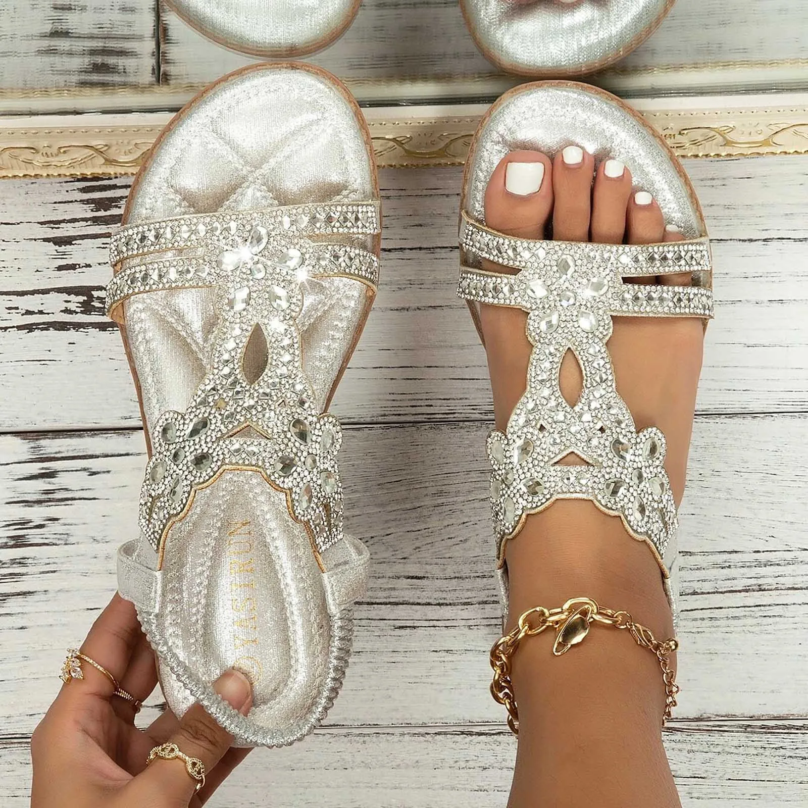 Rhinestones Sandals For Women With Elastic Ankle Strap Bohemian Beach Shoes Fashion Crystal Floral Casual Open Toe Shoes