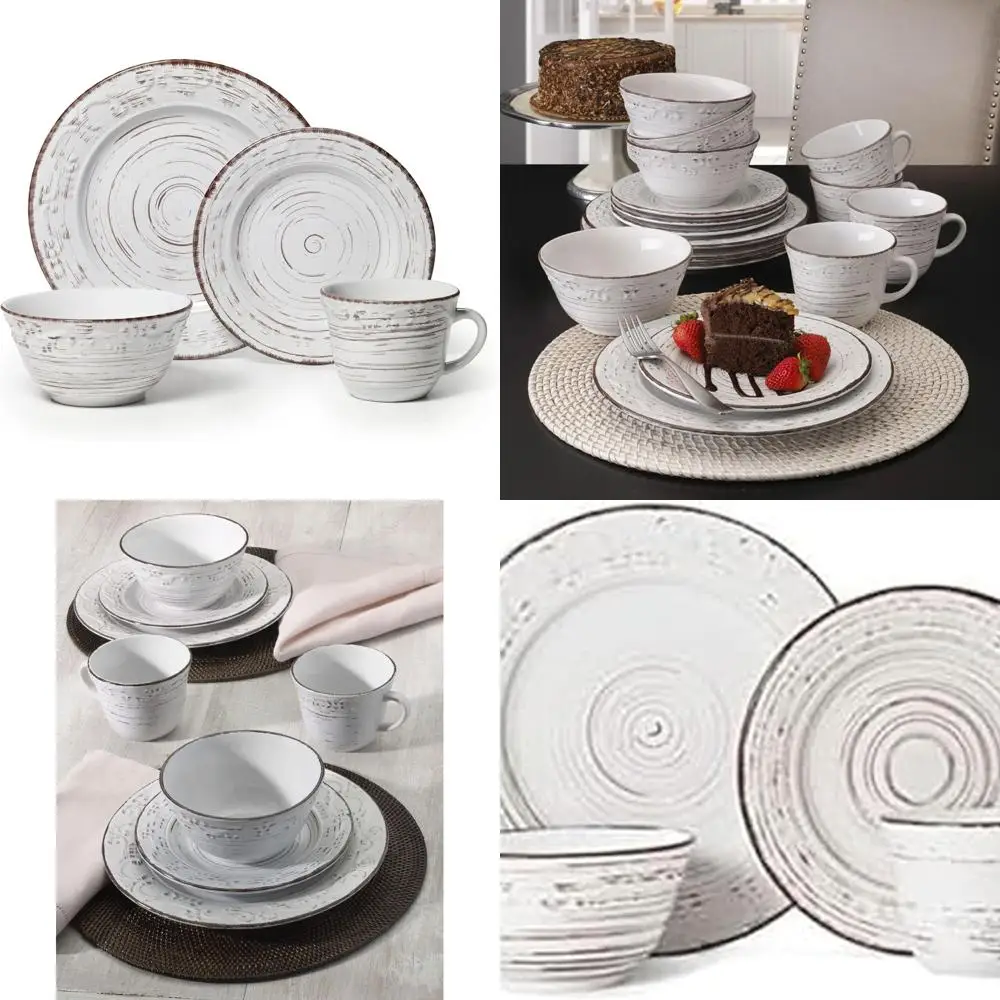 

4-Person Stoneware Dinner Set in Distressed White, 16-Piece, Safe for Microwave and Dishwasher