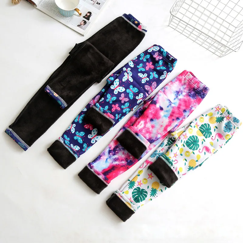 Autumn Winter Girls Pants Children Kids Trousers Warm Leggings Thicken Velvet Flower Print Girls Leggings 3-10Years