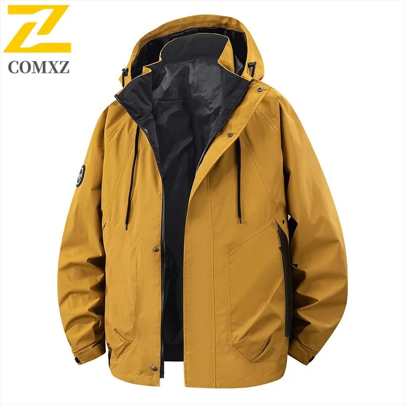 

COMXZ 2025 Spring Autumn Couples Waterproof Windbreaker Jacket with Hood for Women and Men Thin Outdoor Hiking Travel Coat