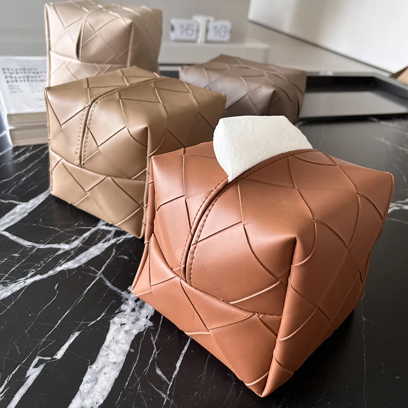Leather Ins Cream Wind Tissue Box Woven Leather Desktop Tissue Storage Box Tissue Bag Square Pumping Box Car Home Office