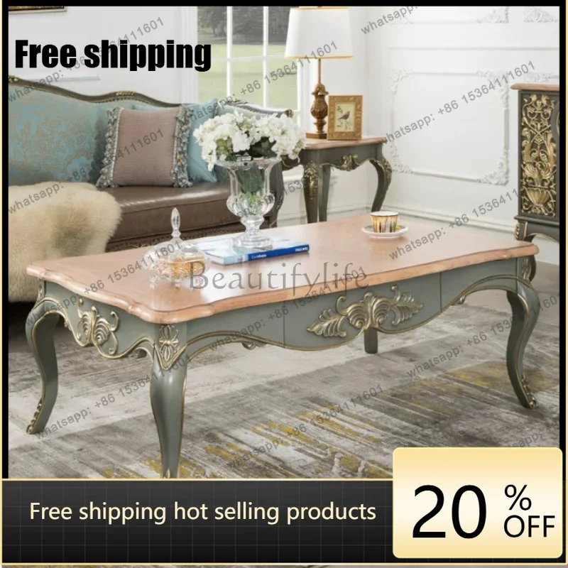 Zj. American solid wood carving flower living room coffee table European light luxury villa model room coffee table furniture