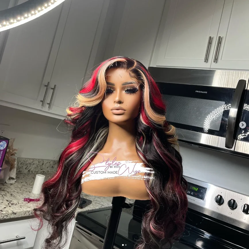 

Black Red Blonde Highlight Wig 13X4 Synthetic Lace Front Wigs For Women Pre Plucked with Baby Hair 180% Density Body Wave Wig