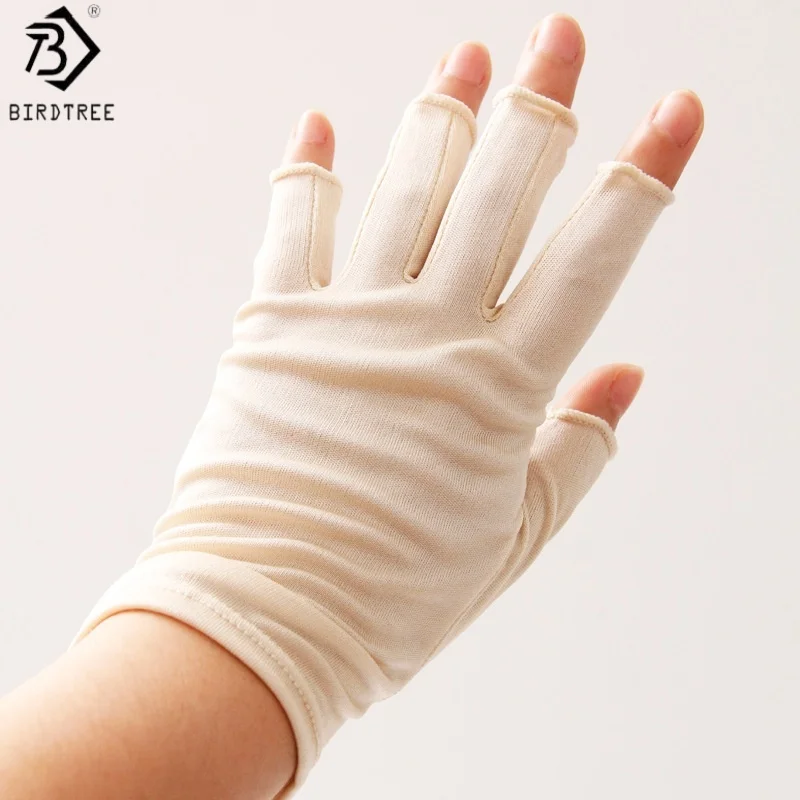 birdtree-100-real-silk-half-finger-glove-women-soft-gift-knitted-solid-basics-sun-protection-gloves-2026-autumn-new-s69718jf