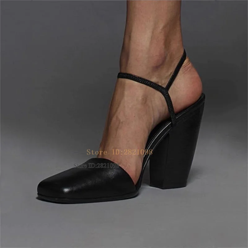 

Real Leather Square Toe Chunky Heeled Women's Shoes Narrow Band Ankle Wrap Straps Pumps Wedding Party High Heel Shoes