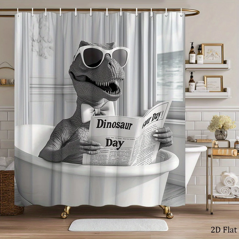 1pc Dinosaur Bath Shower Curtain - Humorous Cartoon Dinosaur in Fashion Glasses & Bow Tie Reading 