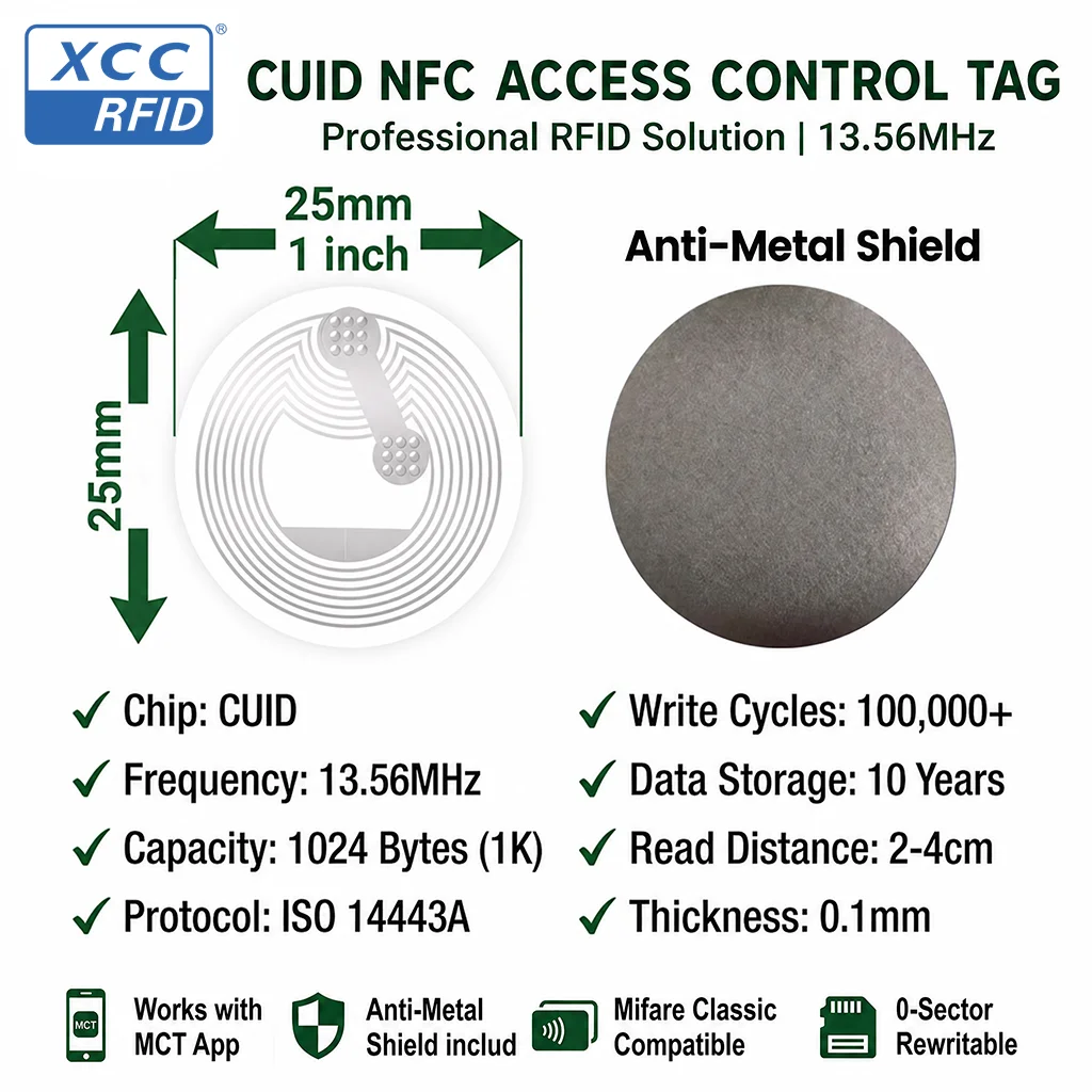 Anti-Metal 25mm CUID Rewritable RFID Sticker Modifiable Block0 UID 1K 13.56MHz M1 NFC Tag for Access & Elevator Card Cloning