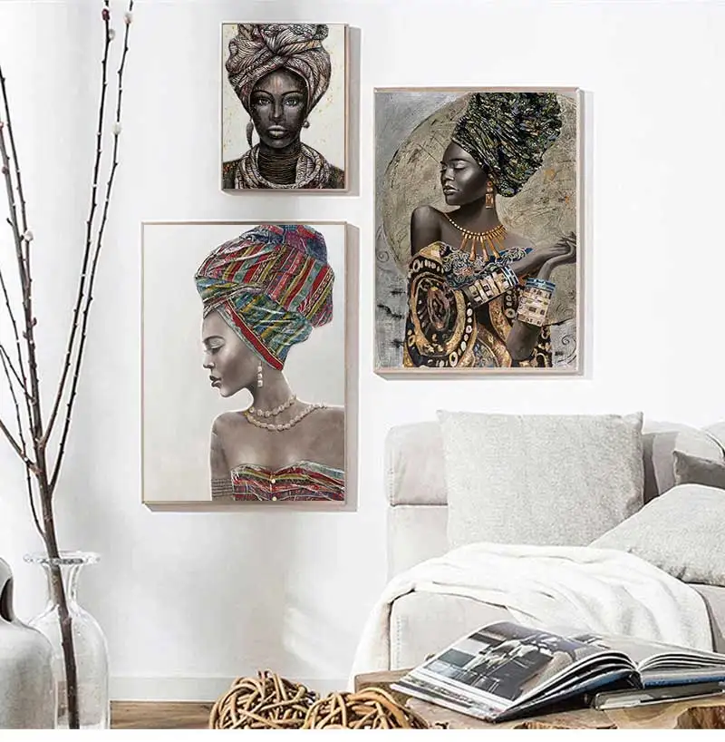 Scandinavian Wall Art Picture for Living Room African Woman Indian Headband Portrait Canvas Painting Posters and Prints
