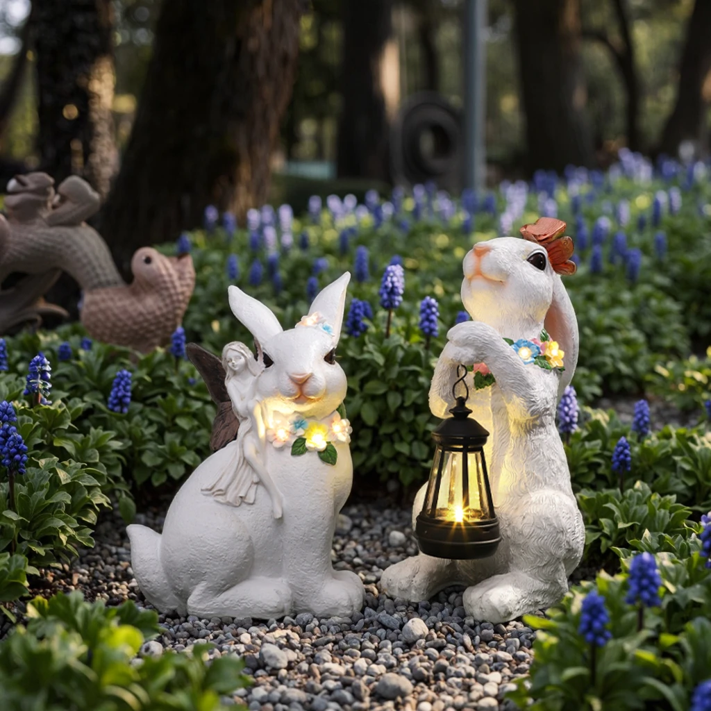 Luxury Solar Powered LED resinss Rabbit Sculpture Ornament for Garden and Holiday Decoration