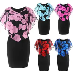 HOT SALES New Arrival Fashion 2023 Elegant Office Lady Rose Flower Print Cape Bodycon Knee Length Dress