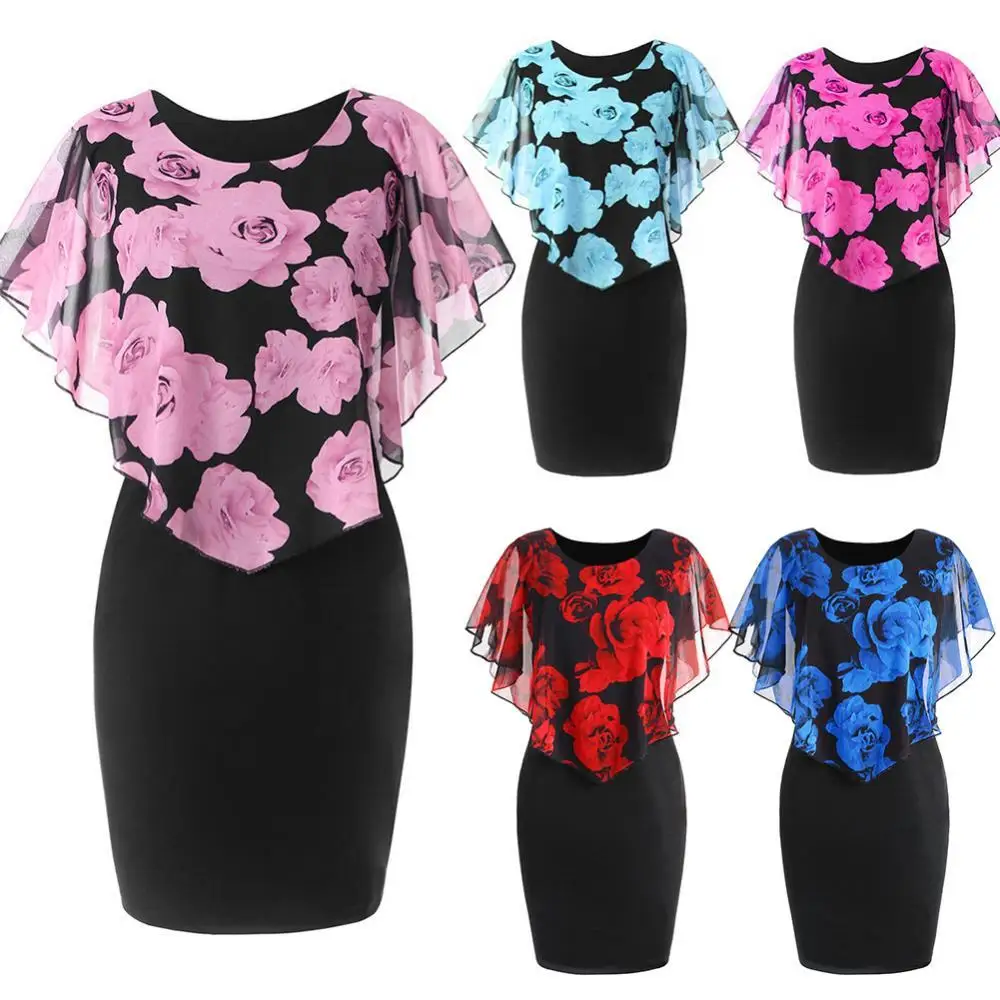 HOT SALES  New Arrival Fashion 2023 Elegant Office Lady Rose Flower Print Cape Bodycon Knee Length Dress