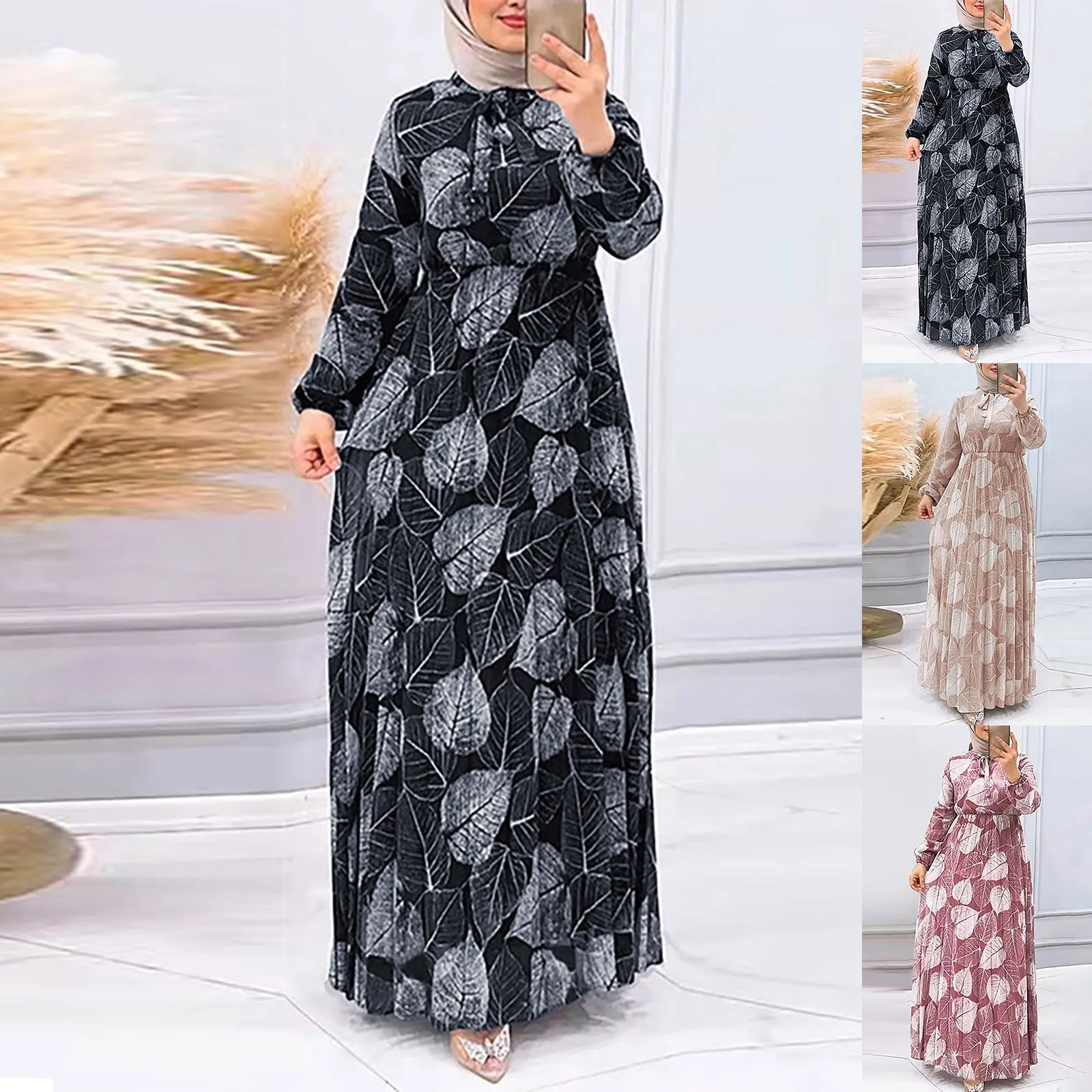 

Muslim Turkey Kaftan Loose Robe Femme Caftan Islam Clothing Pleated Dress with Leaf Pattern Dress for Women Casual Dubai Abayas