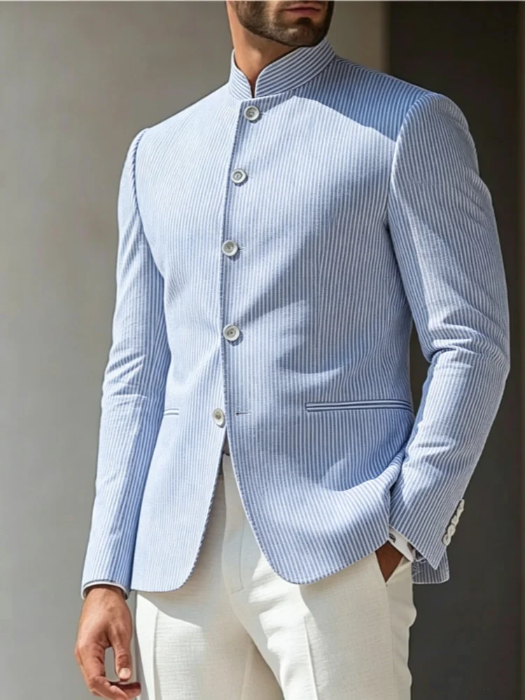 Mens Slim Fit Stand Collar Blazer Light Blue Fine Stripe Pattern Summer Formal Outerwear