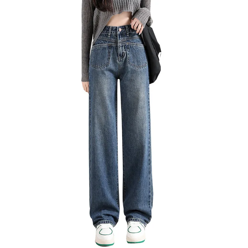 American Vintage Straight Jeans Women Blue High-waisted Splicing Pockets Loose Long Pants Streetwear Y2k Baggy Denim Jeans Women