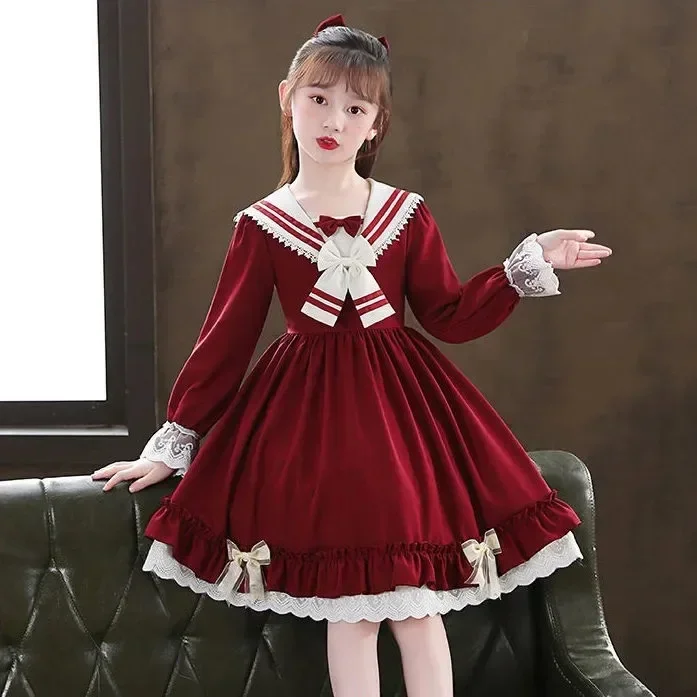 

2023 Winter Autumn Girls Clothes Retro Teens Sailor Lace Collar Bowtie Uniform Child Princess Dress 7 8 9 10 12 Year