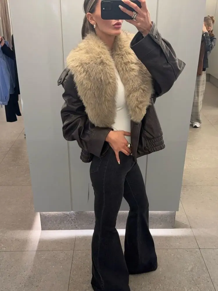 HH – veste bombardier en cuir pour femme, col en fausse fourrure, ample, manches longues, Double boutonnage, revers détachable, manteau chaud, Streetwear, hiver