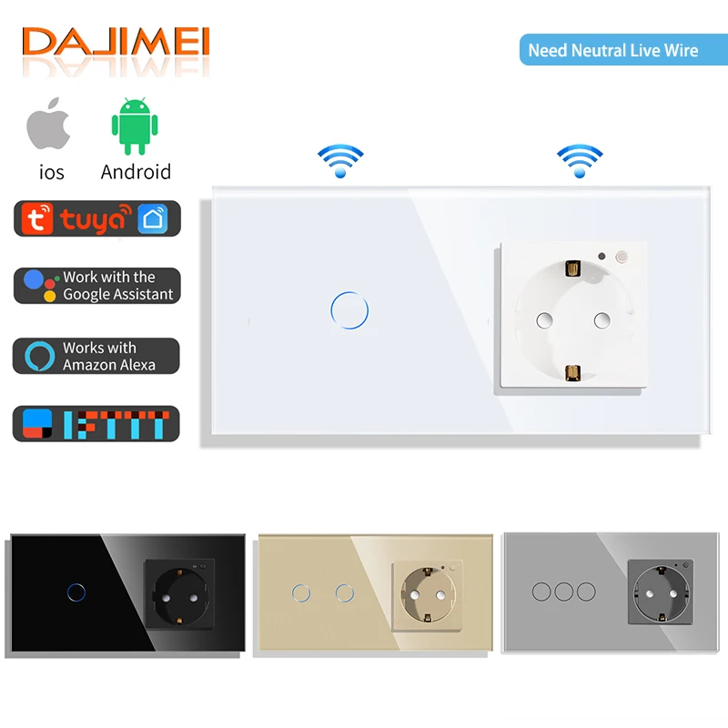 DAJIMEI EU Smart WiFi Touch Switch and WiFi Wall Socket Crystal Glass Panel Sensor Switches Smart Outlets Tuya Google Home Alexa